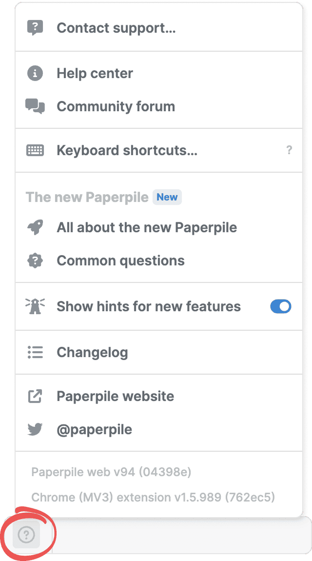 The Help menu opened from the circled question mark in the sidebar, listing Contact support, Help center, Community forum, Keyboard shortcuts, Common questions, Changelog and the Paperpile website, with build version numbers at the foot.